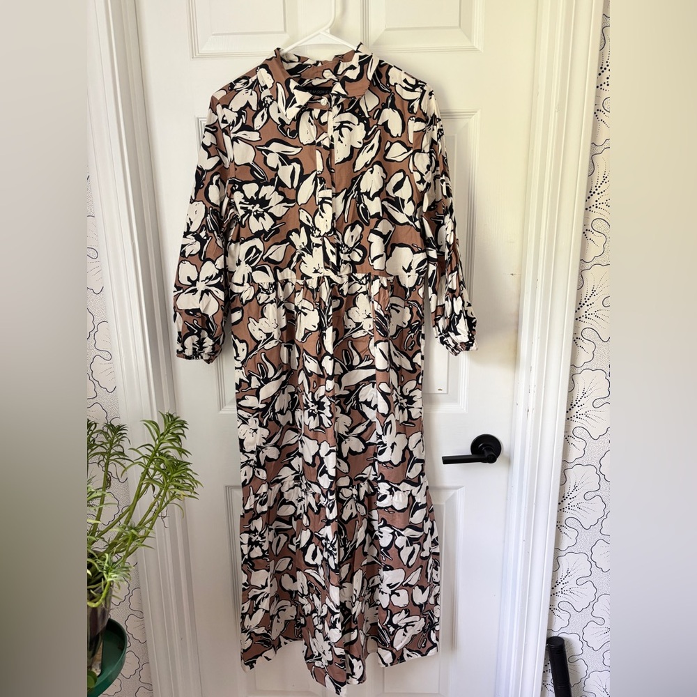 Cynthia Rowley Brown and White Buttoned Sundress with Bishop Sleeves